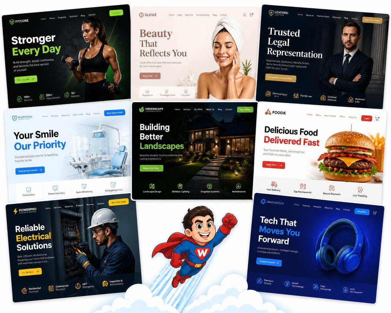 Collage of website designs across industries — fitness, beauty, legal, dental, landscaping, food, electrical, and tech.